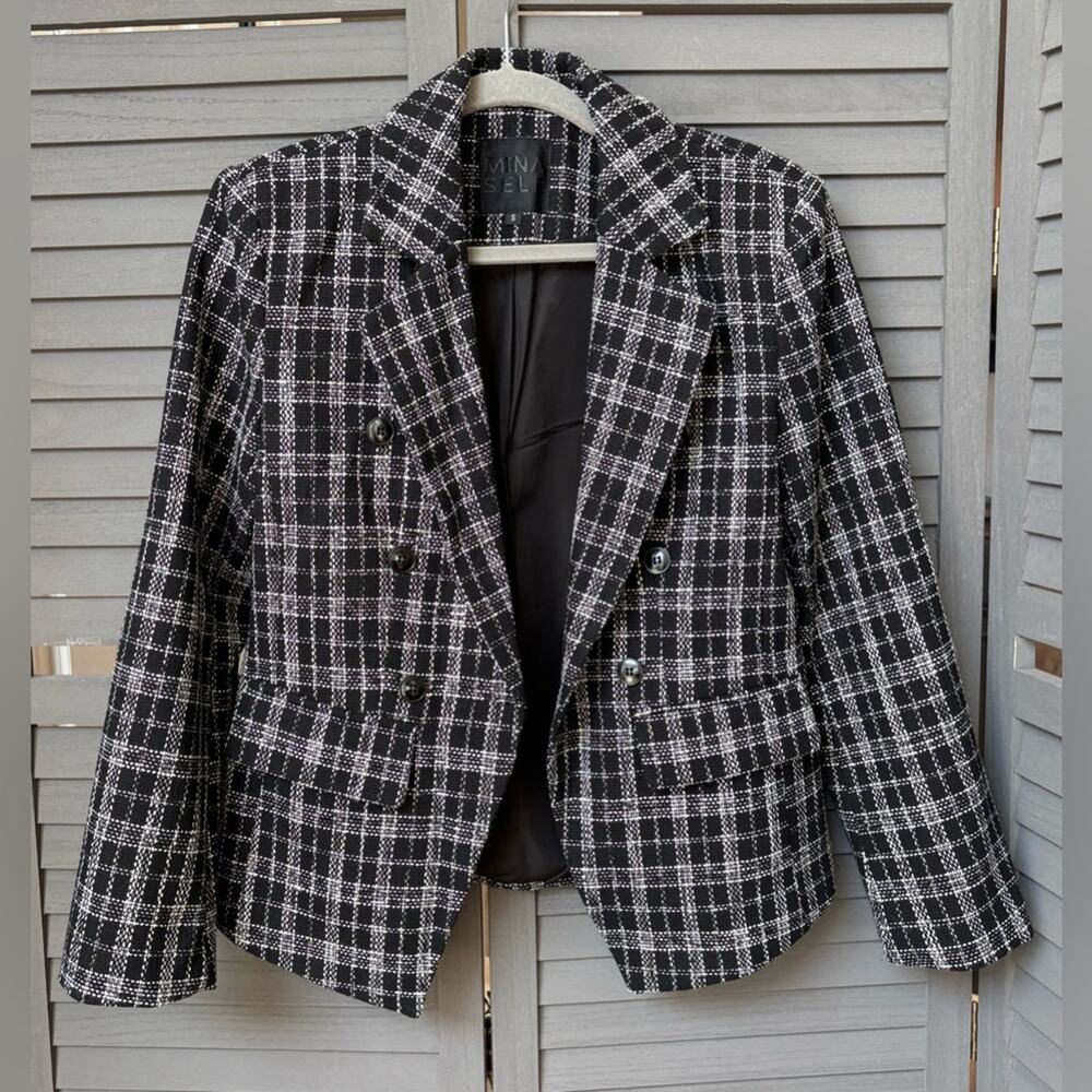 Mina Self Black White Plaid Blazer Small Double Breasted Cropped Jacket